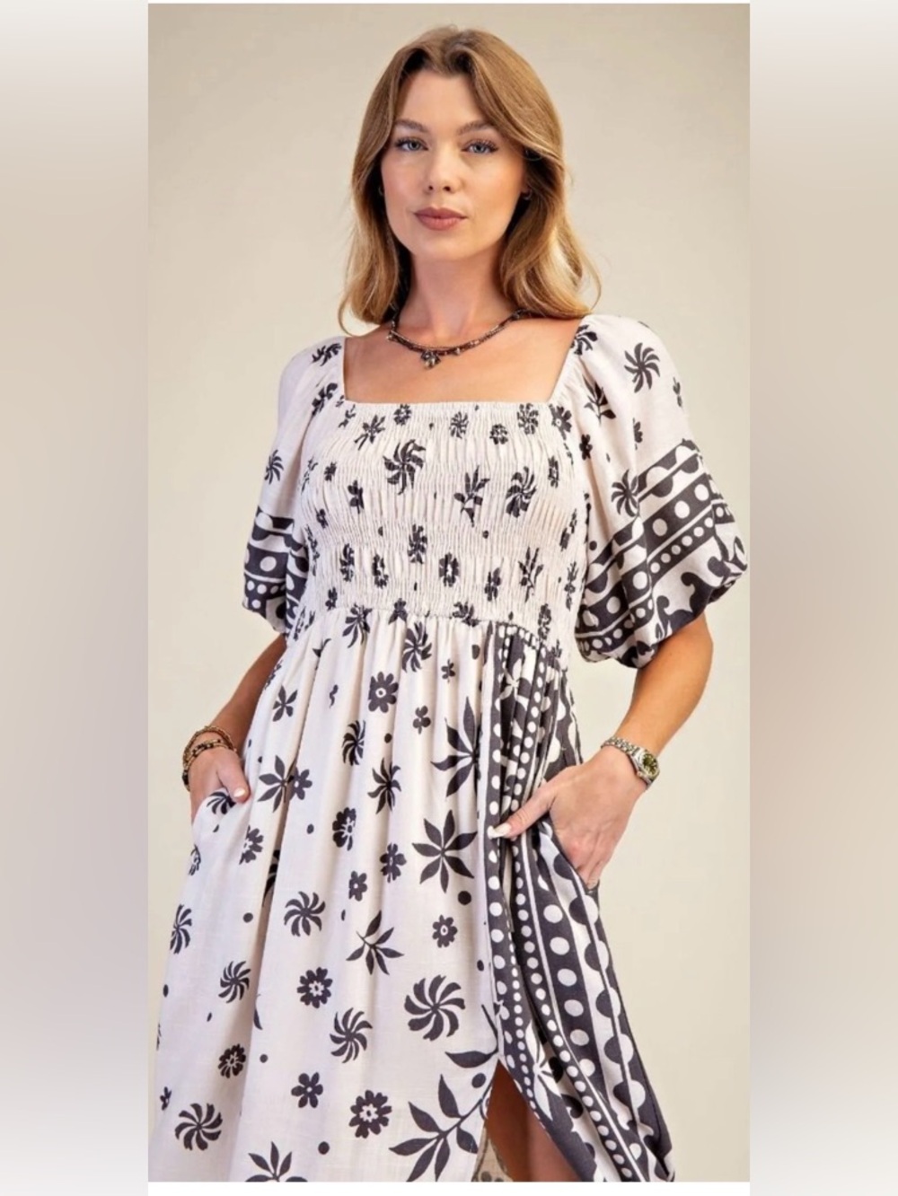 Easel Brand New Smocked Square Neck Floral Midi Dress - Black on Cream